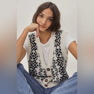 NASTY GAL Fair Isle Cream & Black Chunky Knit Sweater Vest Cardigan Large